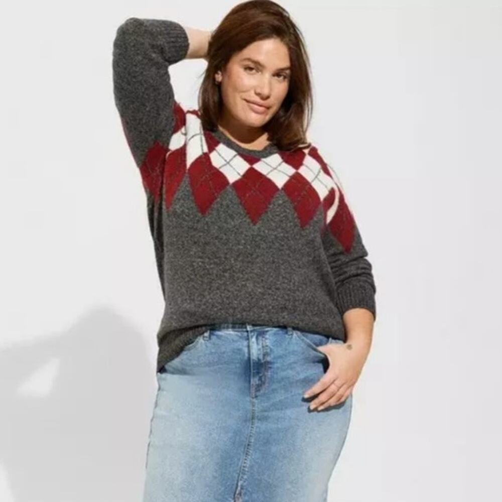 Torrid NWOT Charcoal Gray Argyle color block vegan cashmere sweater woman's sz L